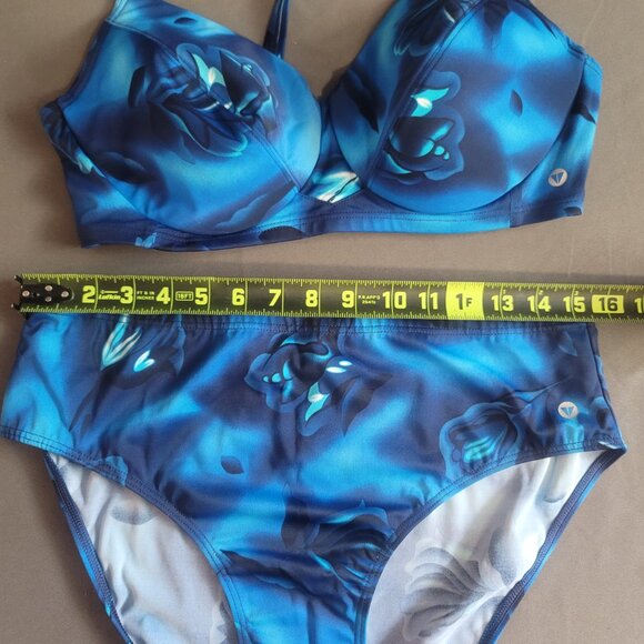 Vintage Y2K Bikini Set Womens 14/D38 Blue Floral High Waisted Adjustable Beach - Picture 5 of 12